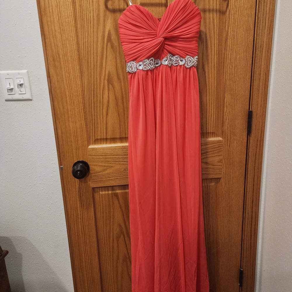 Elegant Coral Strapless Gown with Silver Accents